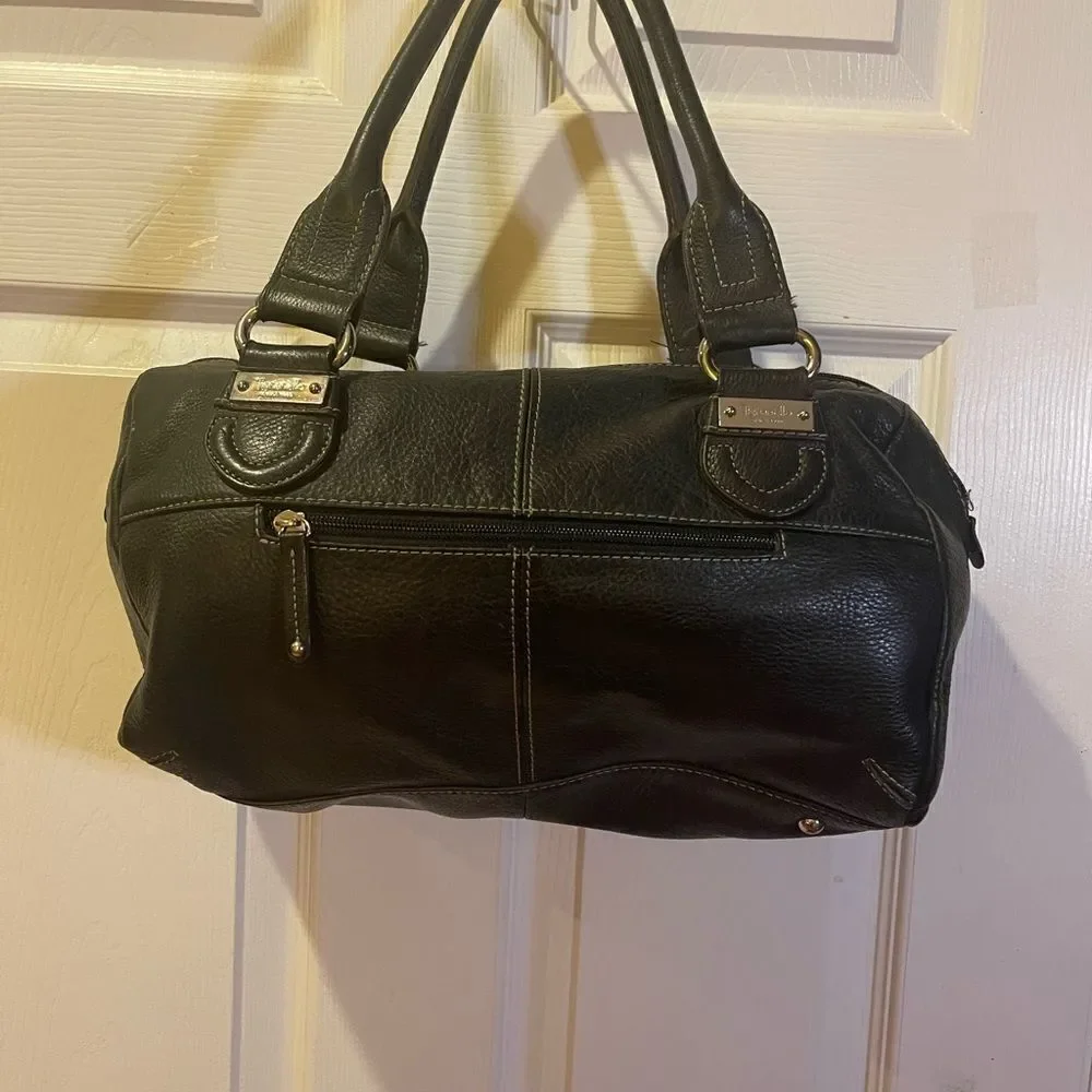 Tignanello leather black Medium Satchel silver tone hardwares.